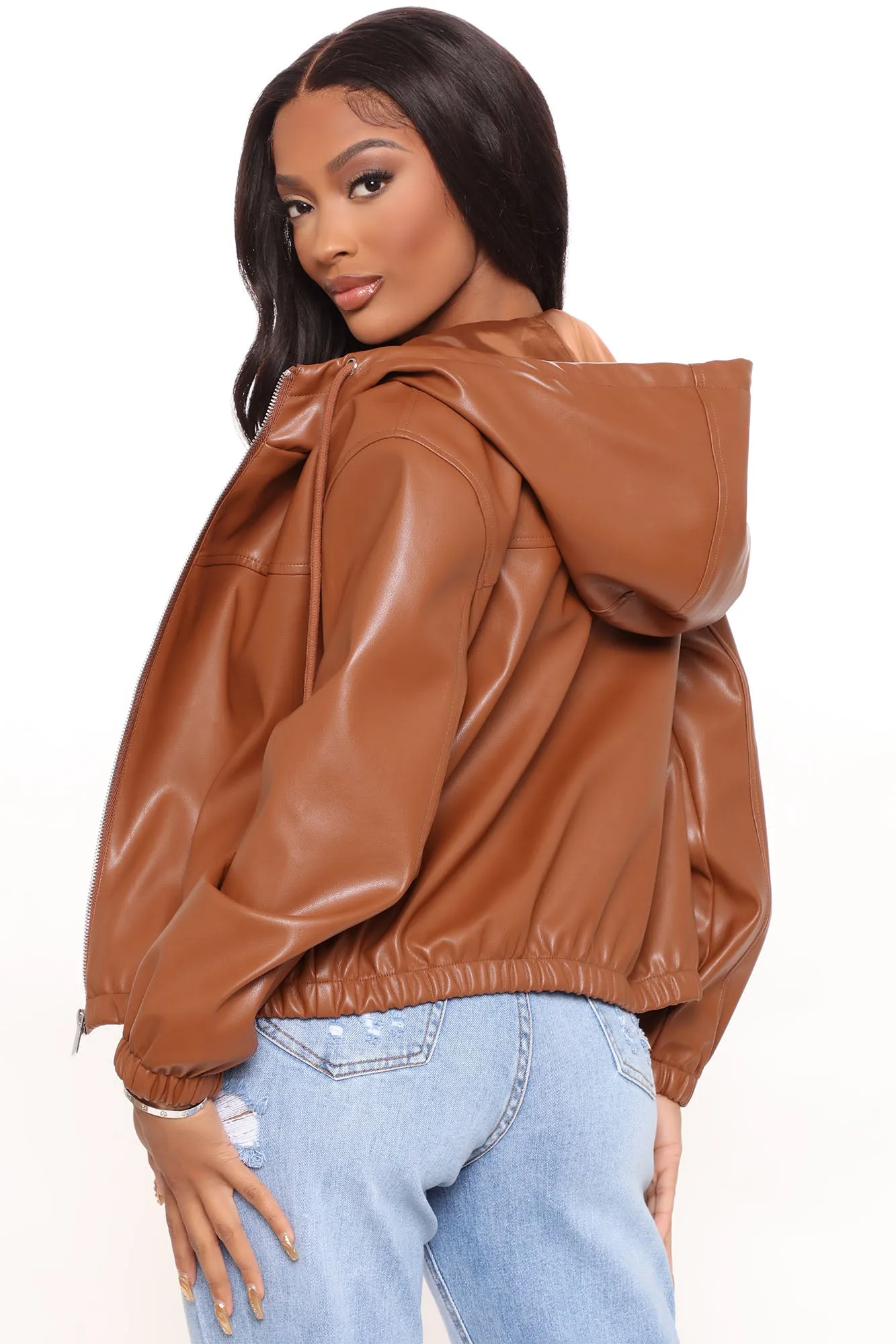 Bad Habits Faux Leather Bomber Jacket - Brown