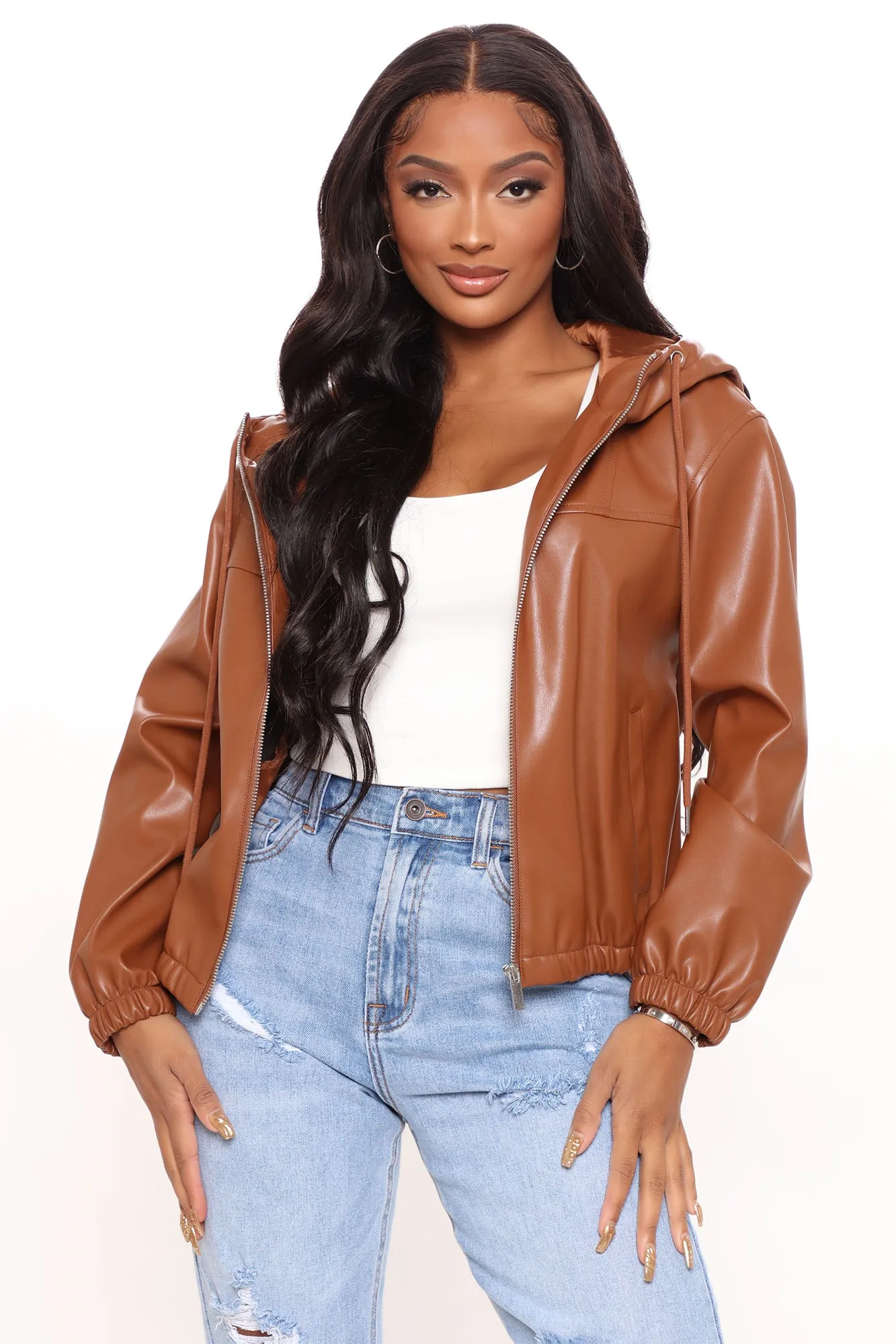 Bad Habits Faux Leather Bomber Jacket - Brown