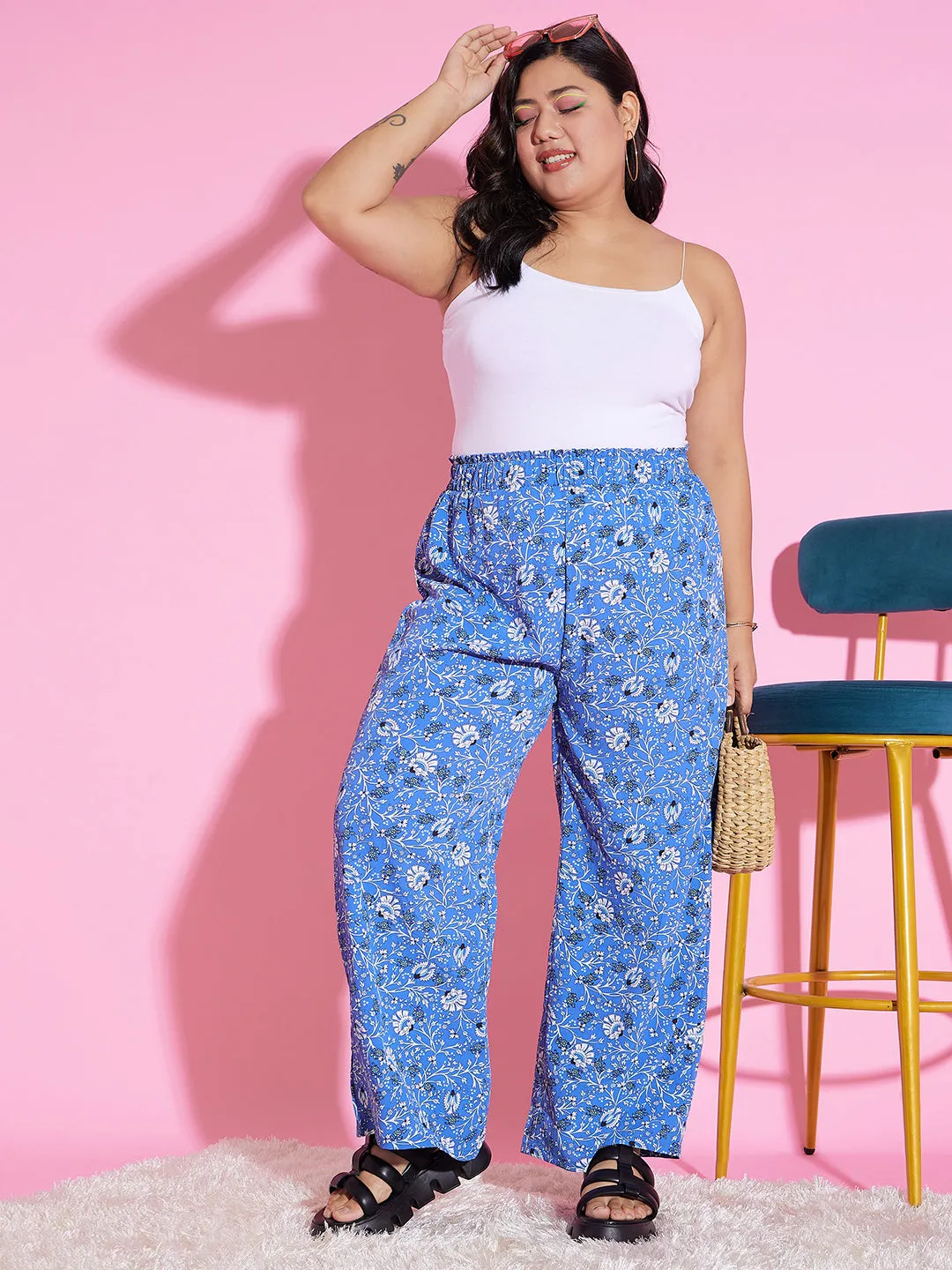 Berrylush Women Plus Size Blue, Black, & White Floral Printed High-Rise Elastic Waist Slip-On Regular Trousers