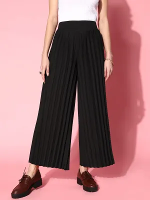 Berrylush Women Solid Black High-Rise Waist Slip-On Woven Pleated Regular Trousers