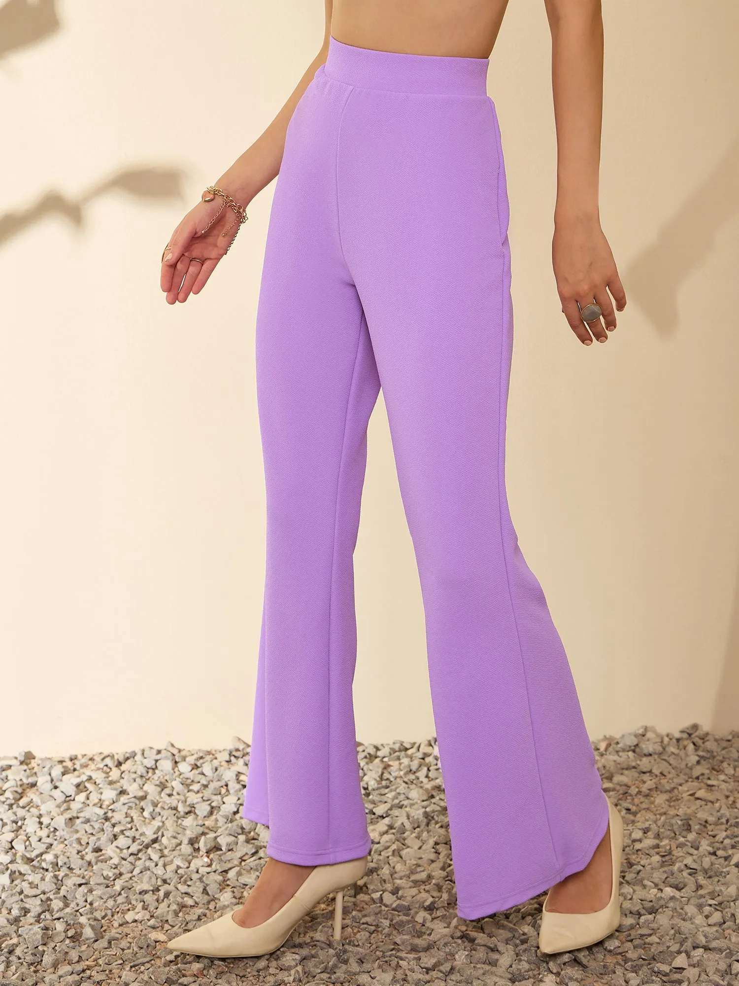 Berrylush Women Solid Purple High-Rise Waist Wide-Leg Regular Trousers