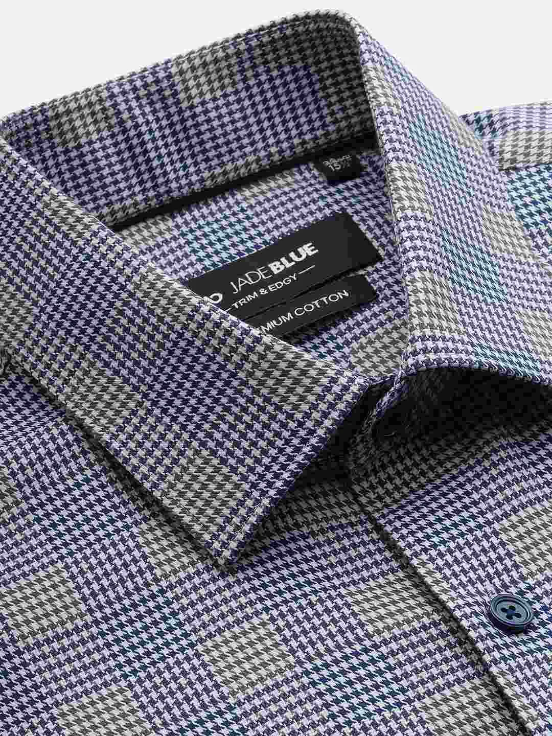 Blue & Grey Checked Slim Fit Formal Shirt | JadeBlue