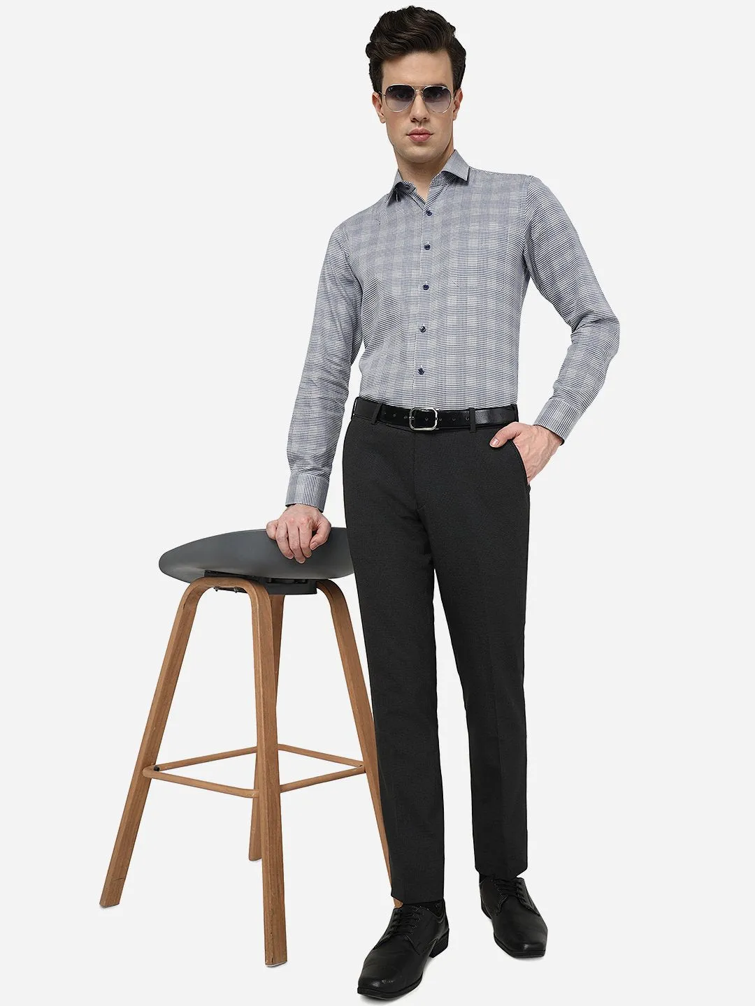 Blue & Grey Checked Slim Fit Formal Shirt | JadeBlue