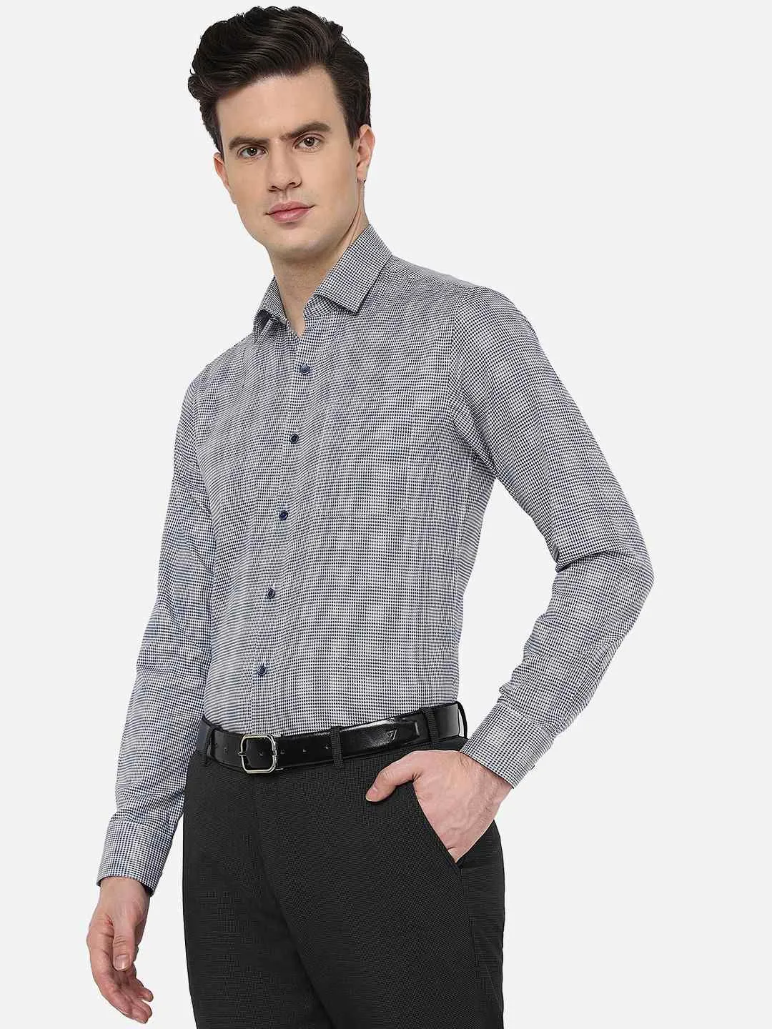 Blue & Grey Checked Slim Fit Formal Shirt | JadeBlue