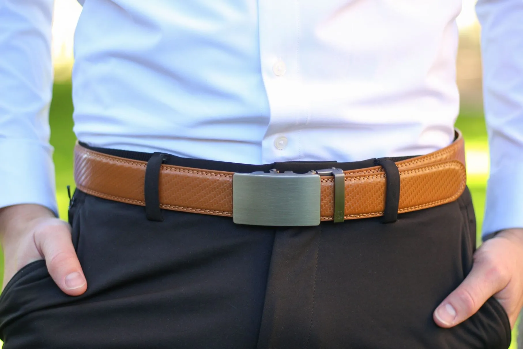 Carbon British Tan Leather Ratchet Belt & Buckle Set