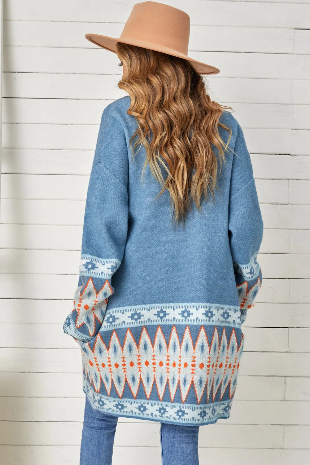 Cardigan Geometric Open Front Long Sleeve Maxi Sweater