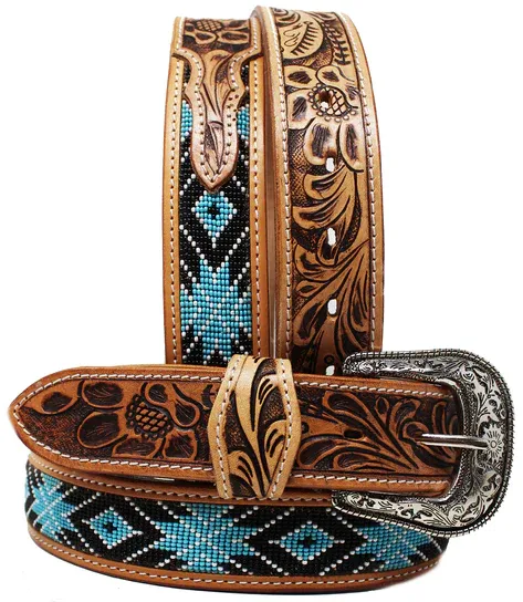 Challenger Western Floral Tooled Beaded Full-Grain Leather Belt