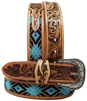 Challenger Western Floral Tooled Beaded Full-Grain Leather Belt