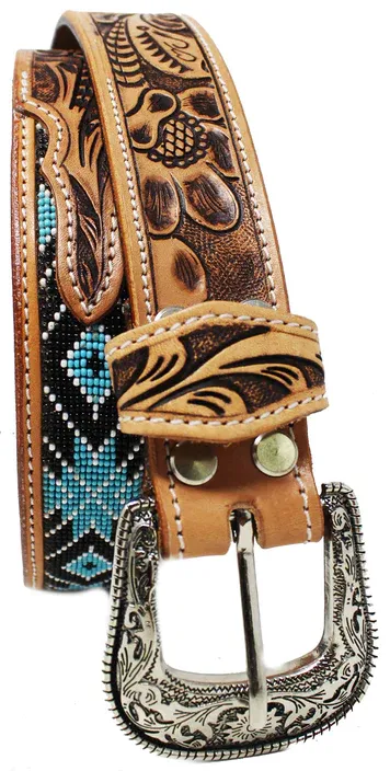 Challenger Western Floral Tooled Beaded Full-Grain Leather Belt