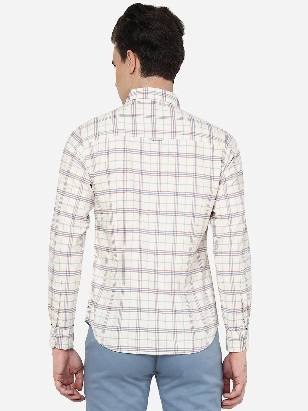 Cloud Cream Checked Slim Fit Casual Shirt | Greenfibre