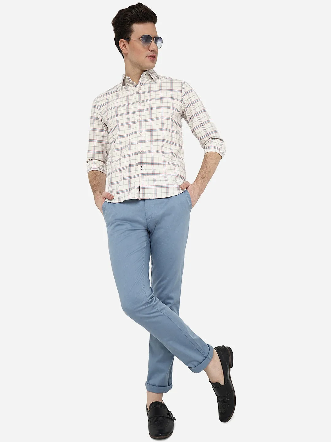 Cloud Cream Checked Slim Fit Casual Shirt | Greenfibre