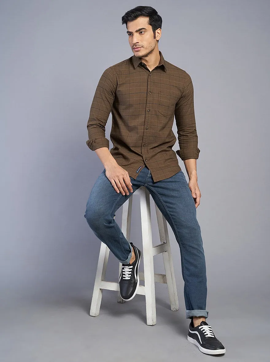 Coffee Brown Checked Slim Fit Casual Shirt | JadeBlue