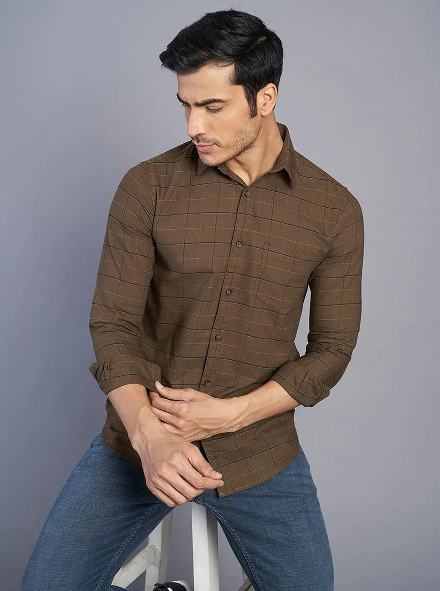 Coffee Brown Checked Slim Fit Casual Shirt | JadeBlue