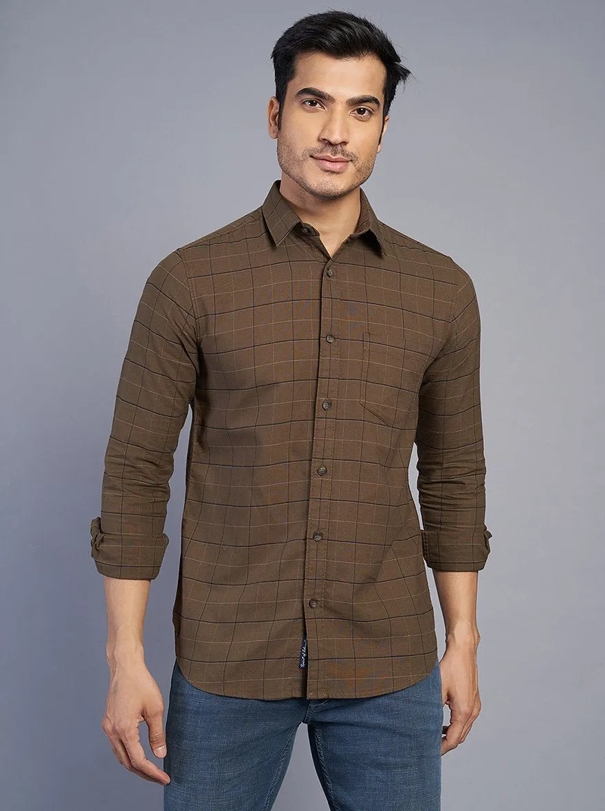 Coffee Brown Checked Slim Fit Casual Shirt | JadeBlue