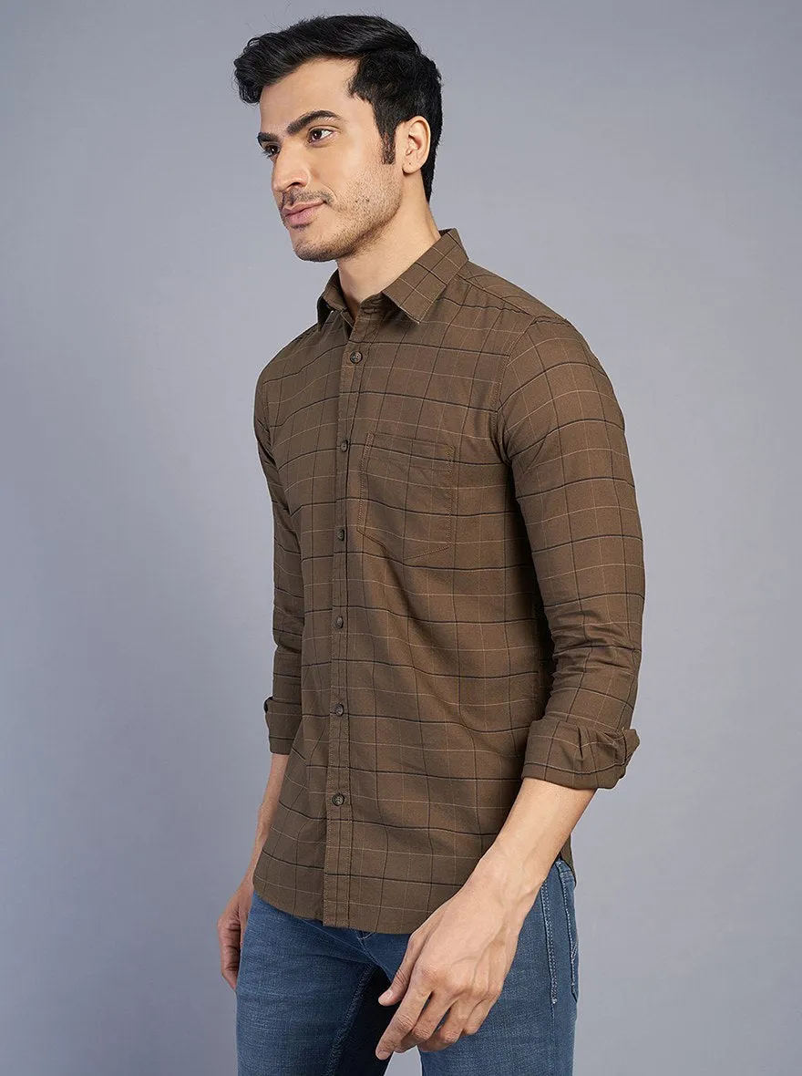 Coffee Brown Checked Slim Fit Casual Shirt | JadeBlue