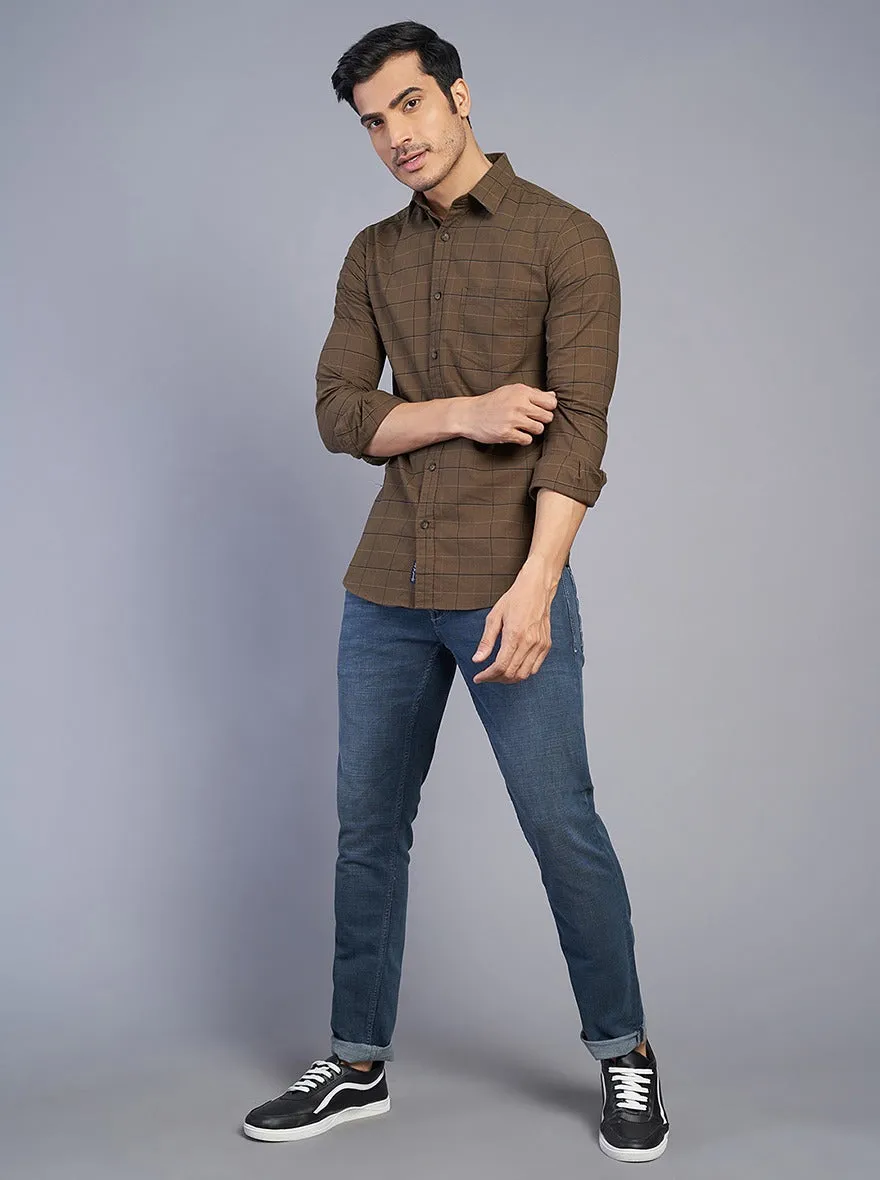 Coffee Brown Checked Slim Fit Casual Shirt | JadeBlue