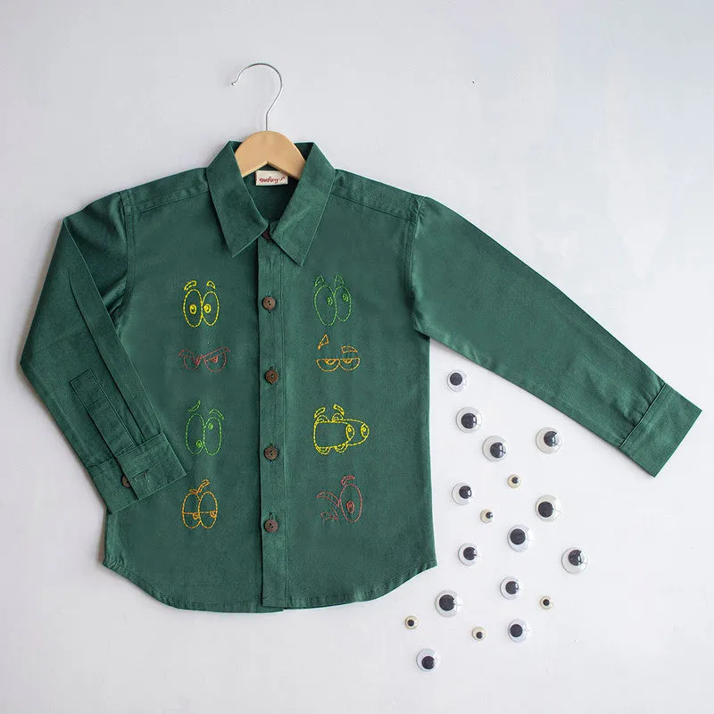 Cotton Full Sleeves Shirt for Kids | Colourful Emoji Eyes Printed | Bottle Green