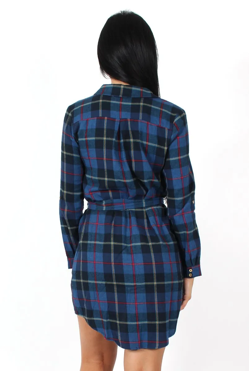 Darla Navy Checked Shirt Dress