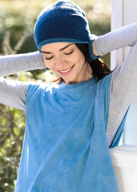 DENIM BLUE Unisex Italian Cashmere Hat WITH CONTRAST COLOR EDGE