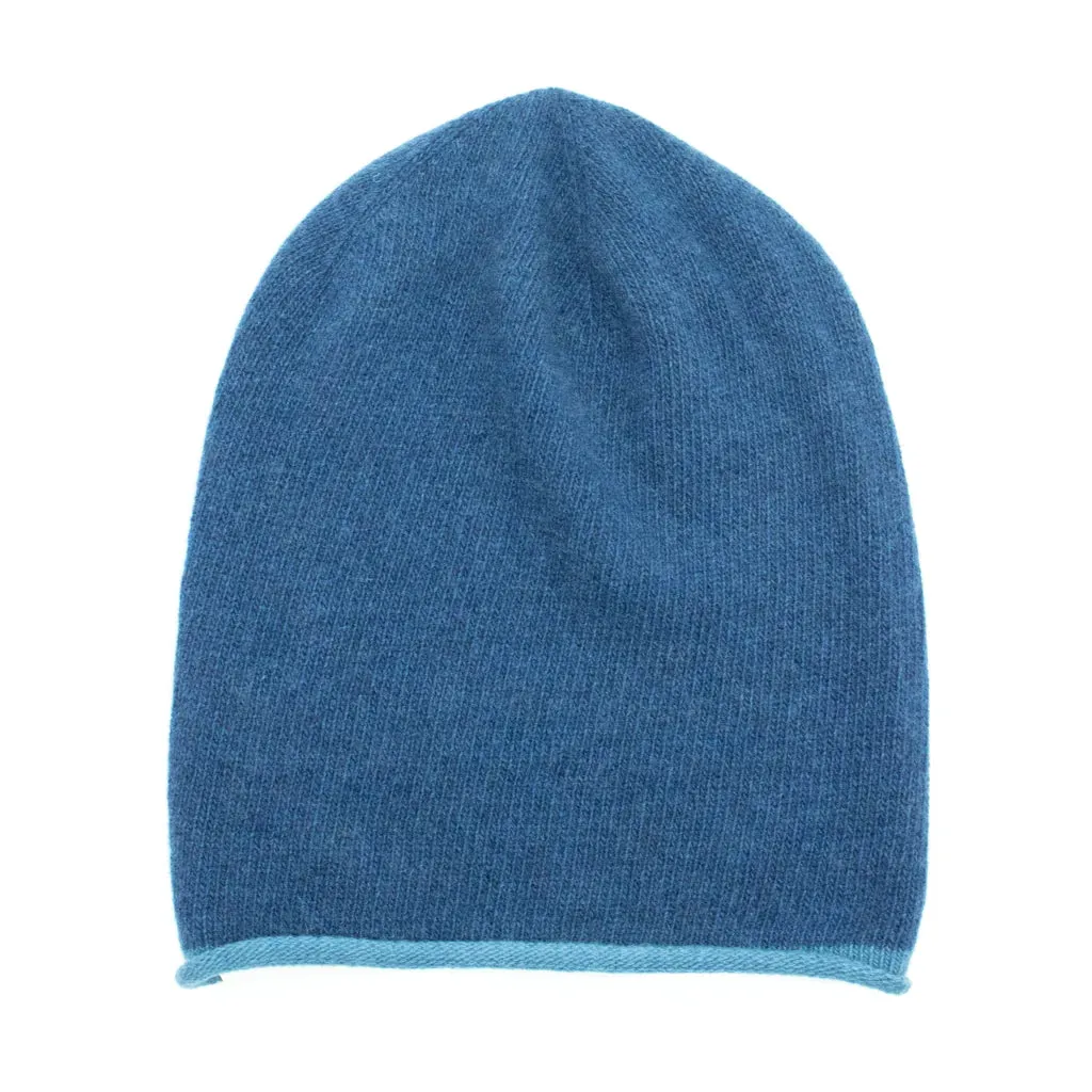 DENIM BLUE Unisex Italian Cashmere Hat WITH CONTRAST COLOR EDGE