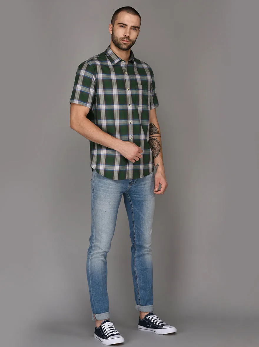 Greenfibre Dark Green Checked Regular Fit Casual Shirt