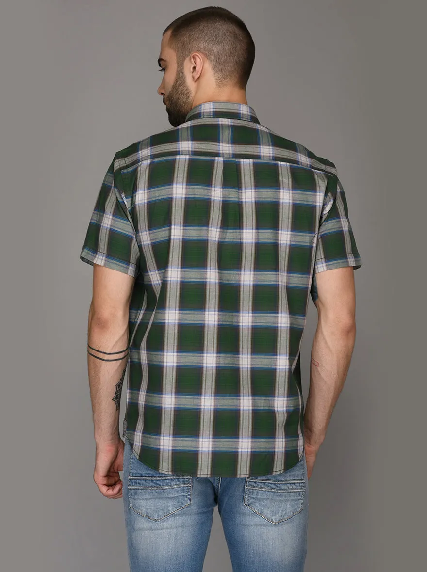 Greenfibre Dark Green Checked Regular Fit Casual Shirt