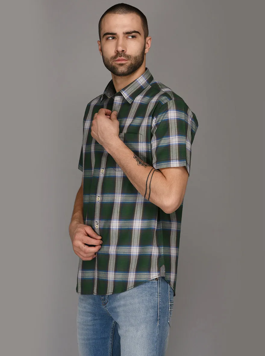 Greenfibre Dark Green Checked Regular Fit Casual Shirt