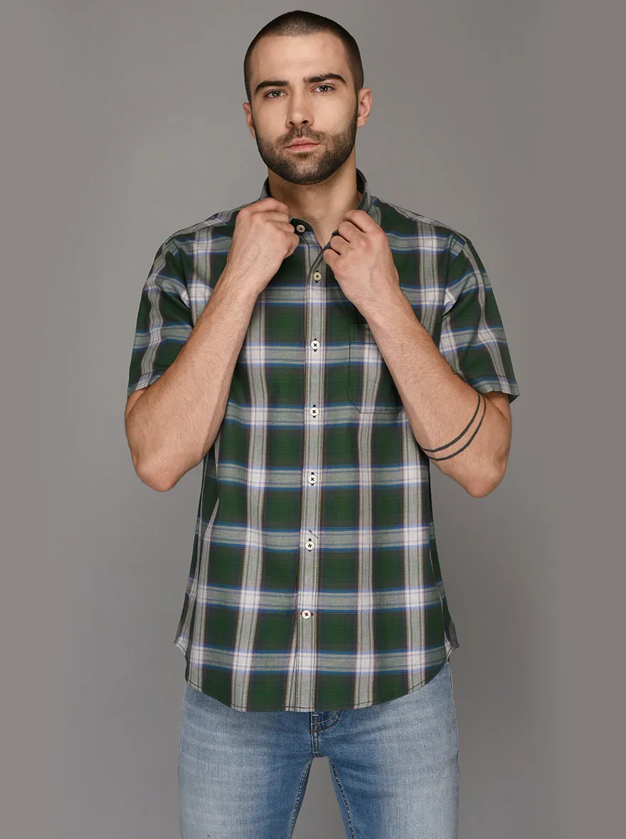 Greenfibre Dark Green Checked Regular Fit Casual Shirt