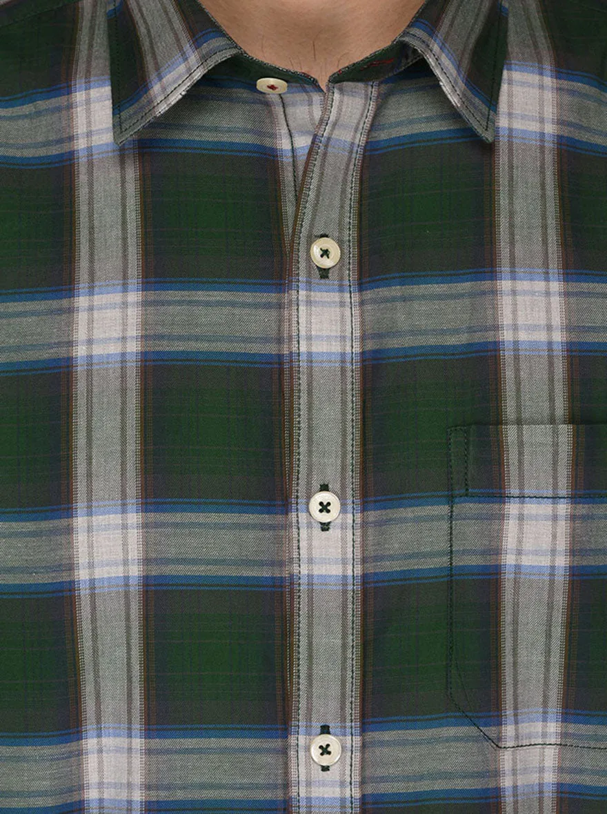 Greenfibre Dark Green Checked Regular Fit Casual Shirt