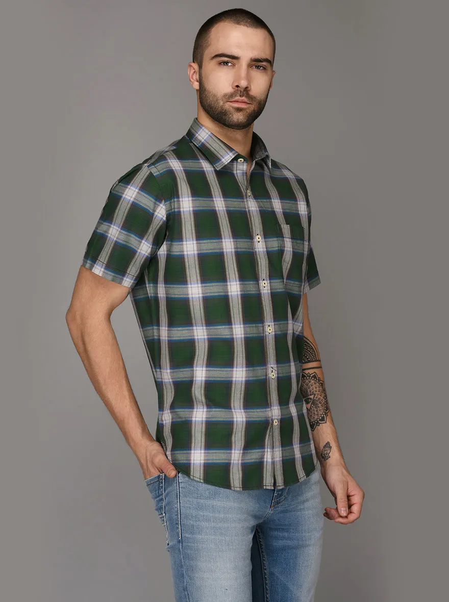 Greenfibre Dark Green Checked Regular Fit Casual Shirt