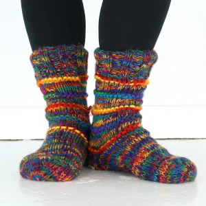 Hand Knitted Wool Slipper Socks Lined - SD Rainbow Rib