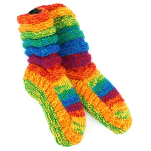 Hand Knitted Wool Slipper Socks Lined - SD Shredded Rainbow