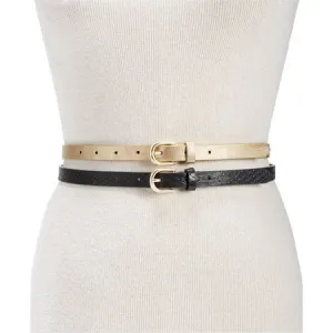 INC International Concepts 2-for-1 Metallic & Embossed Skinny Belts (Gold-Black)