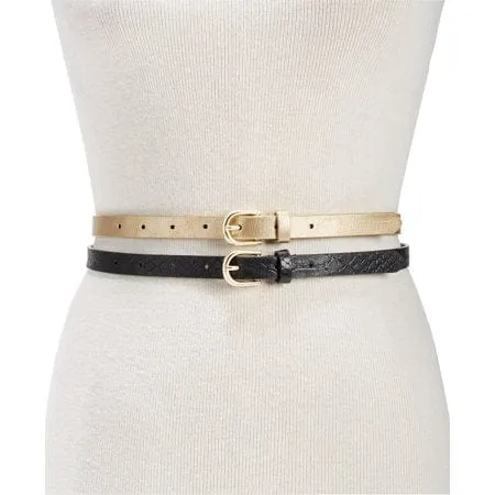 INC International Concepts 2-for-1 Metallic & Embossed Skinny Belts (Gold-Black)