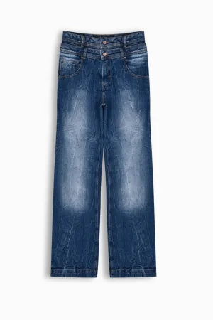 Indigo Distressed Wide-Leg Denim Trousers