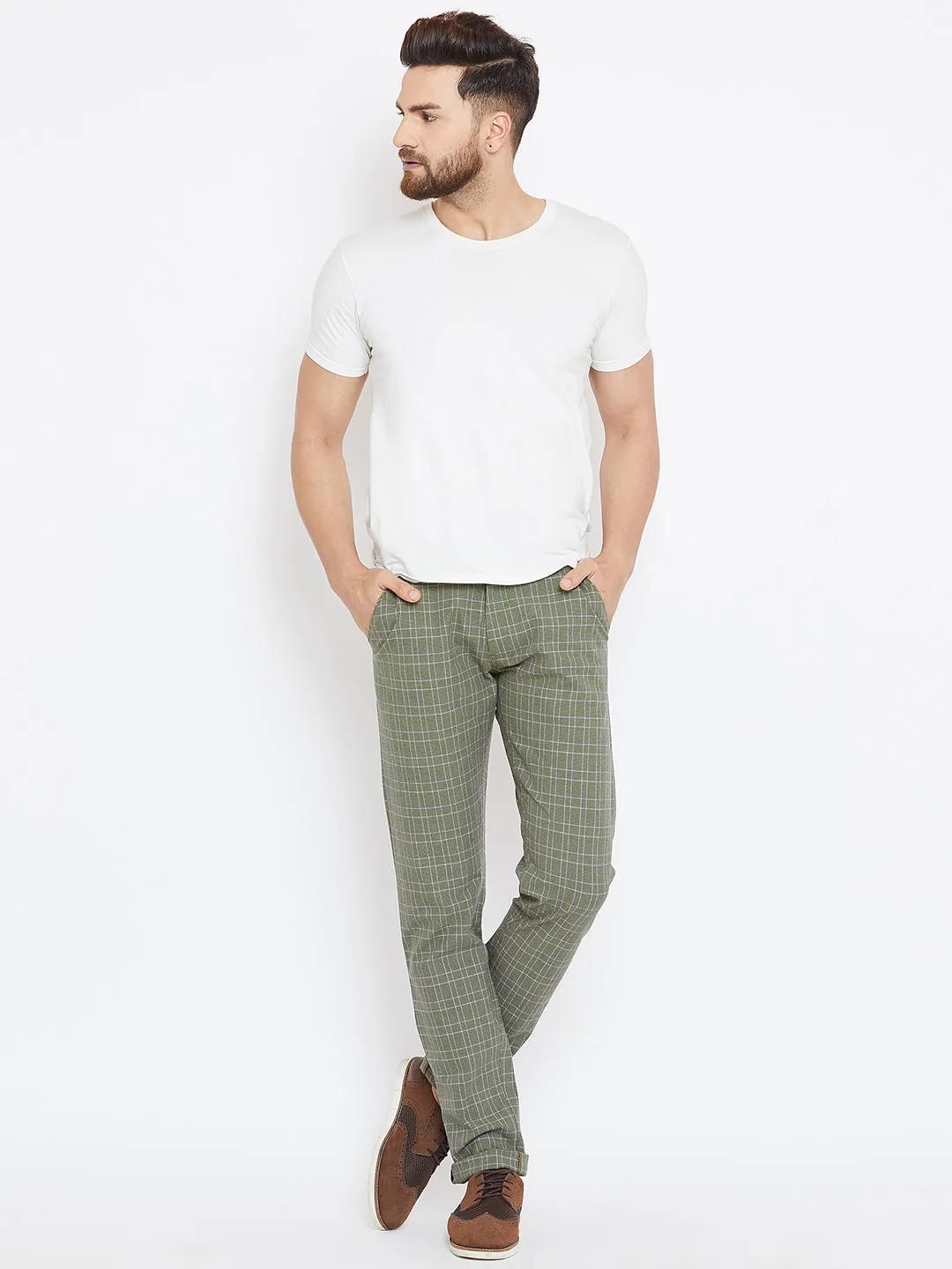 Men Green Relaxed Fit Casual Checked Chinos