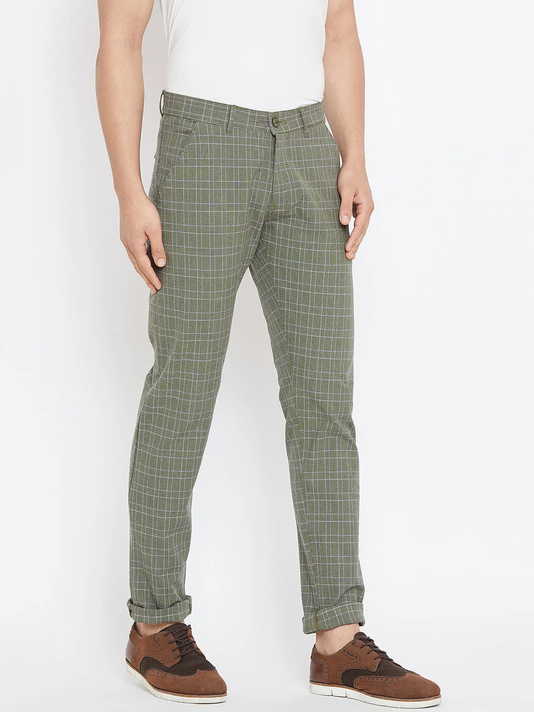 Men Green Relaxed Fit Casual Checked Chinos