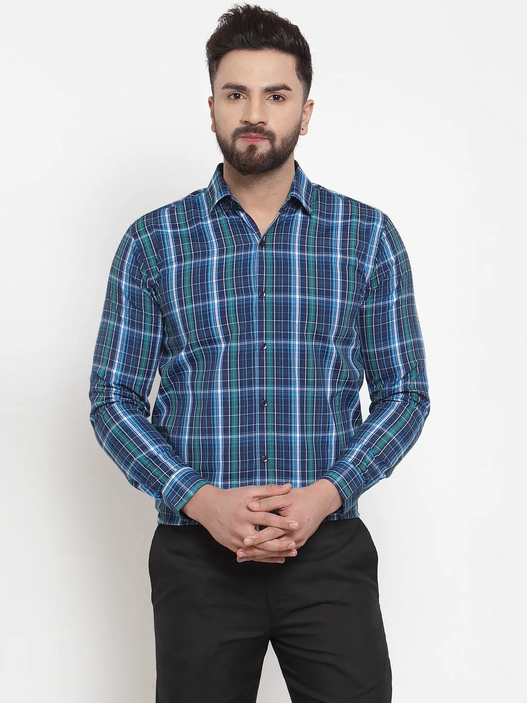 Men's Blue Cotton Checked Formal Shirts ( SF 741Sky-Blue ) - Jainish