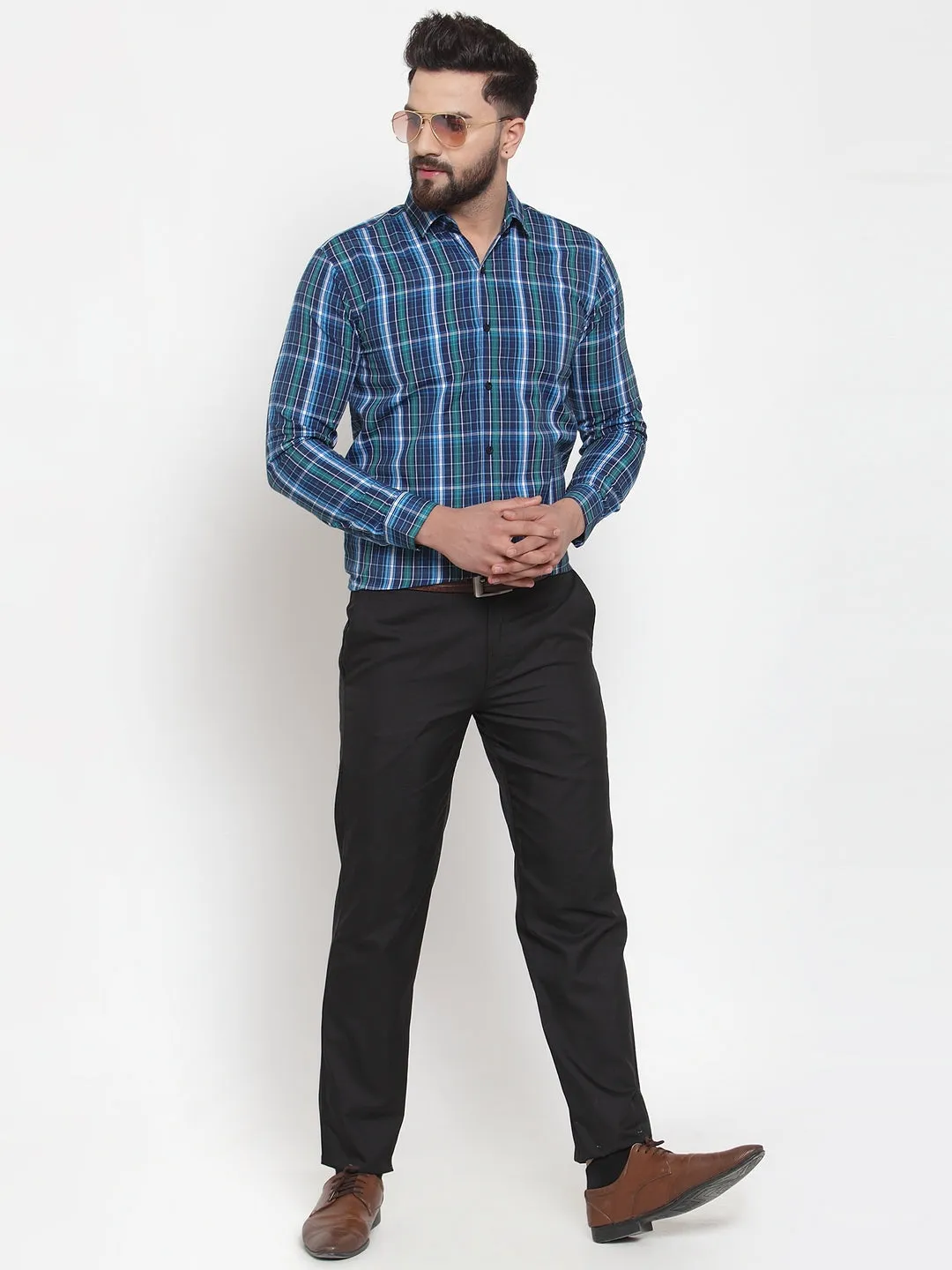 Men's Blue Cotton Checked Formal Shirts ( SF 741Sky-Blue ) - Jainish