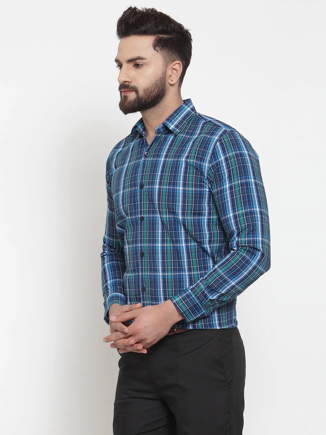 Men's Blue Cotton Checked Formal Shirts ( SF 741Sky-Blue ) - Jainish