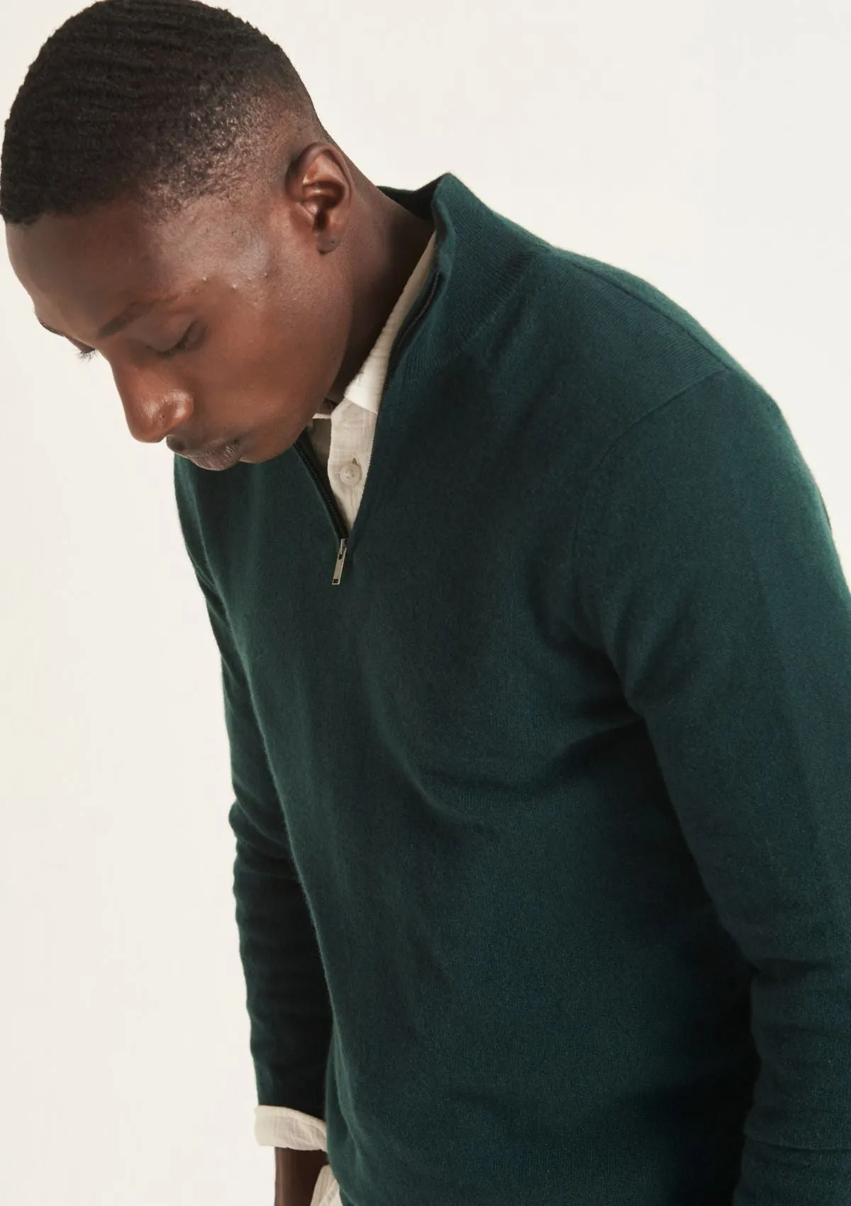 Mens Cashmere Half Zip Sweater in Bottle Green