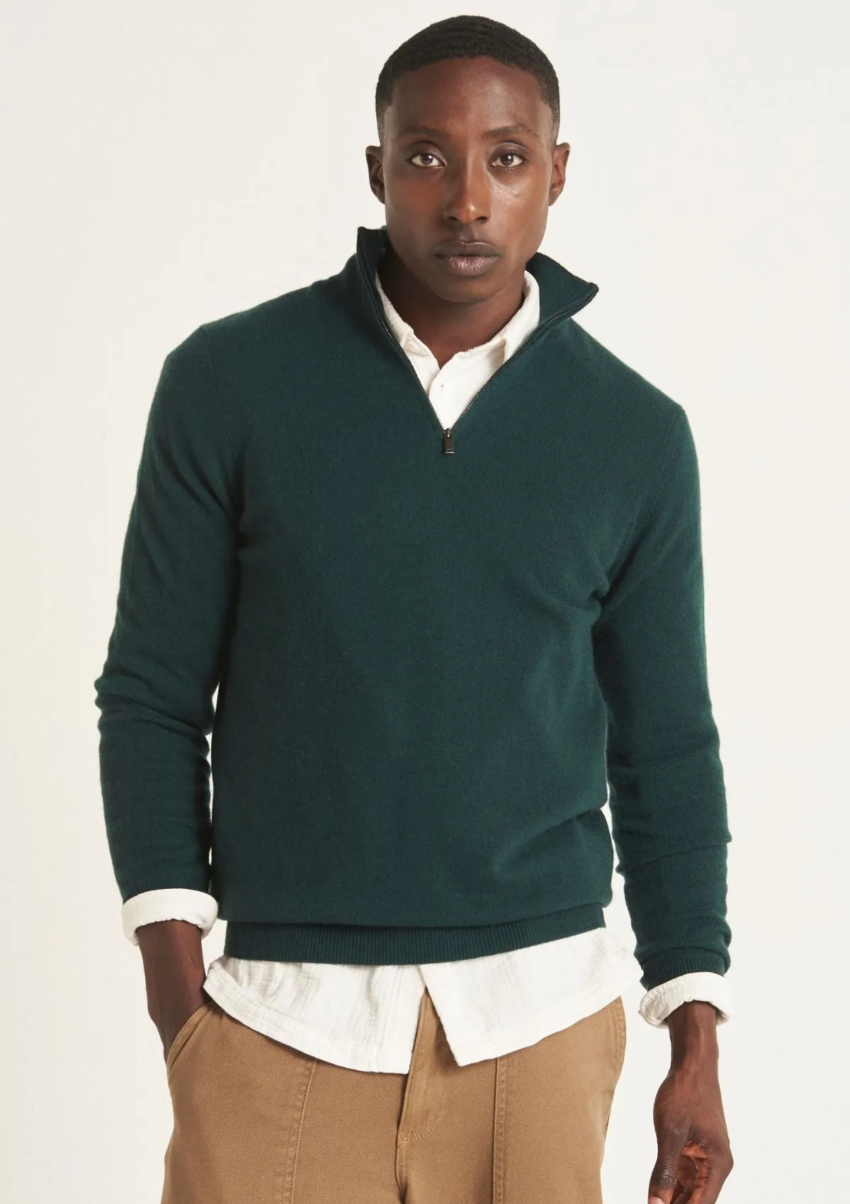 Mens Cashmere Half Zip Sweater in Bottle Green