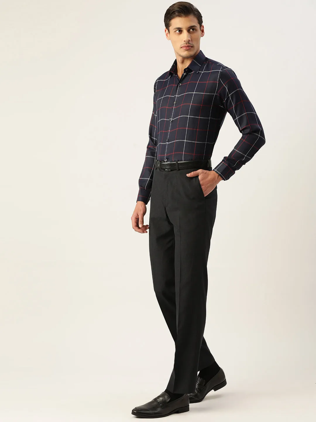 Men's Cotton Checked Formal Shirts ( SF 797Navy ) - Jainish