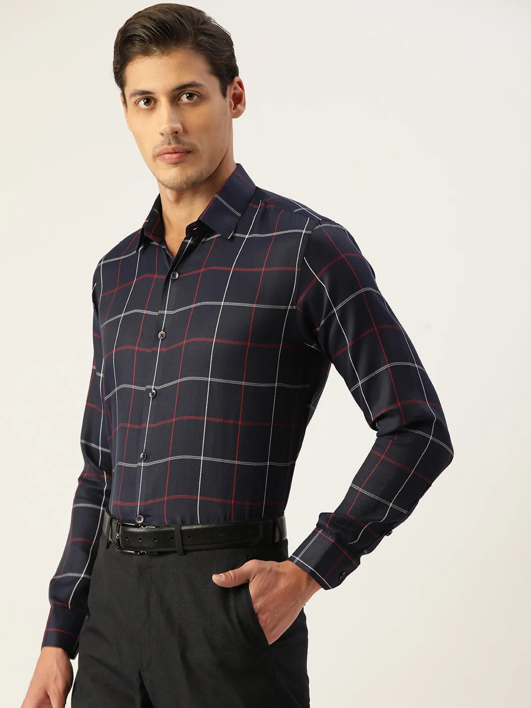 Men's Cotton Checked Formal Shirts ( SF 797Navy ) - Jainish