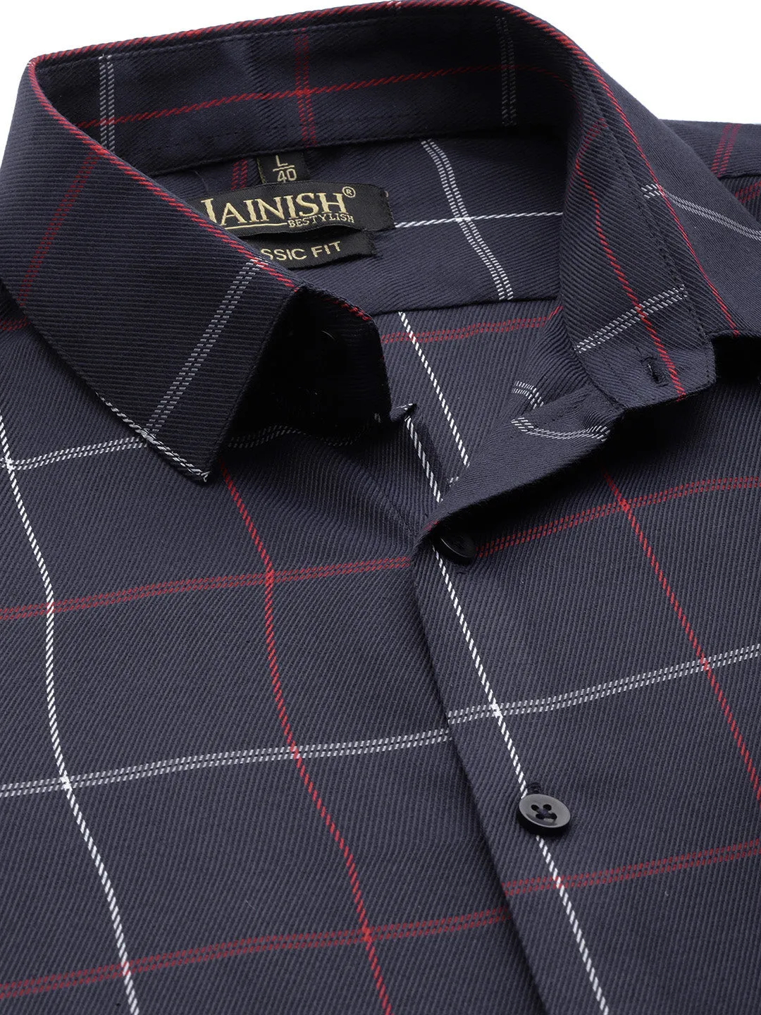 Men's Cotton Checked Formal Shirts ( SF 797Navy ) - Jainish