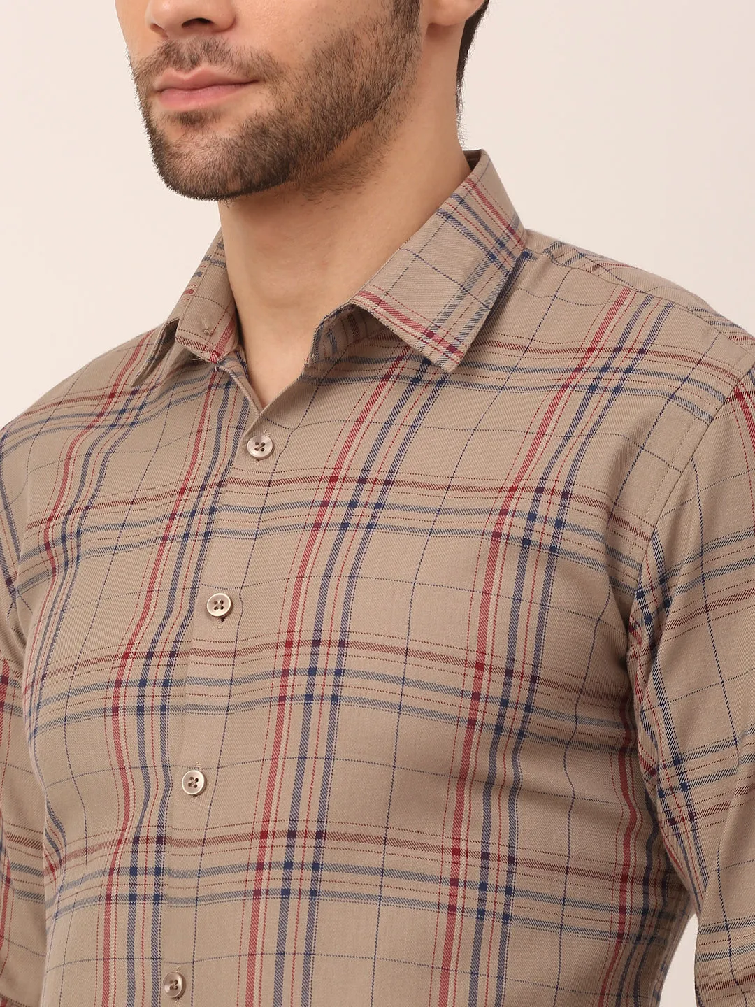 Men's Cotton Checked Formal Shirts ( SF 819Brown ) - Jainish