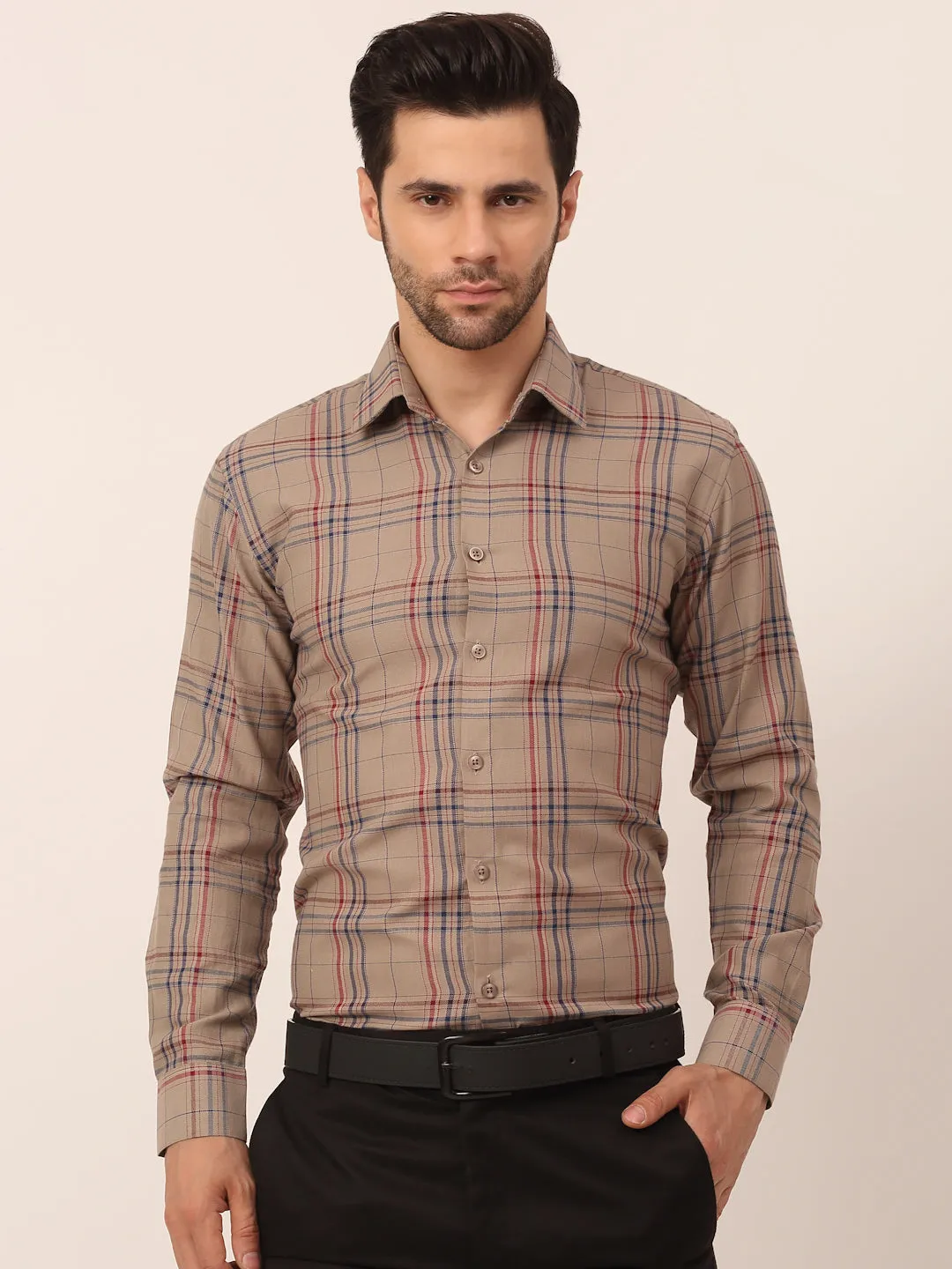 Men's Cotton Checked Formal Shirts ( SF 819Brown ) - Jainish