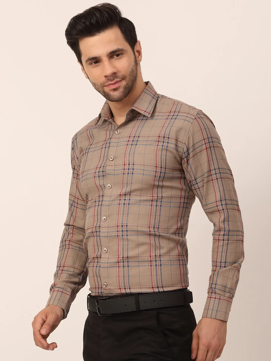 Men's Cotton Checked Formal Shirts ( SF 819Brown ) - Jainish