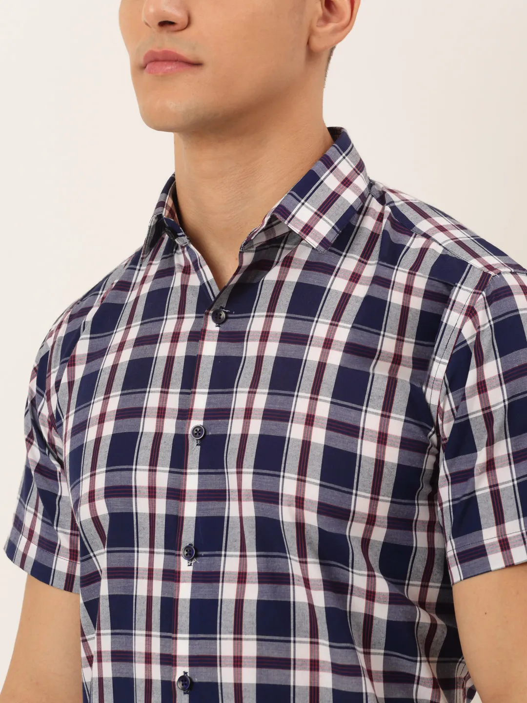 Men's Cotton Checked Half Sleeve Formal Shirts ( SF 808Navy ) - Jainish