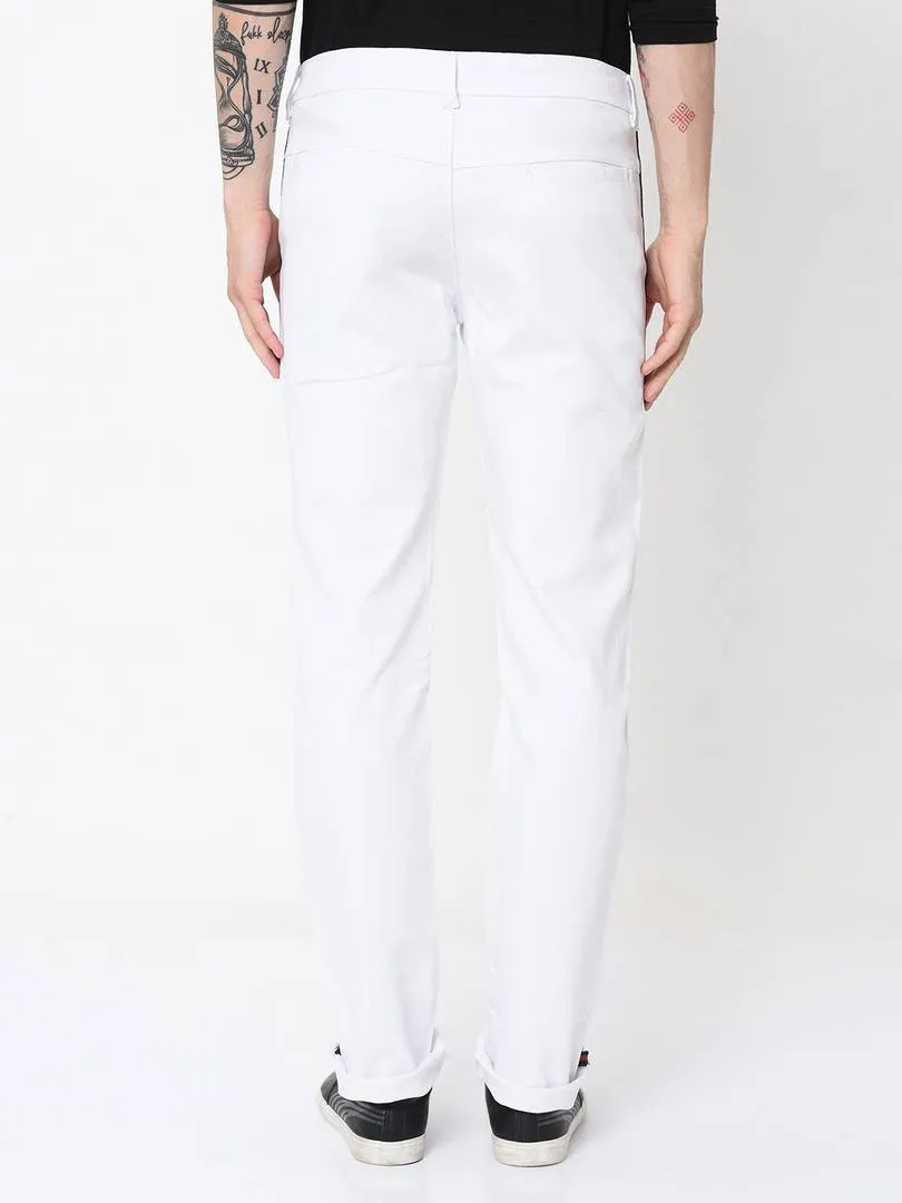 Men's White Cotton Blend Solid Slim Fit Casual Trouser